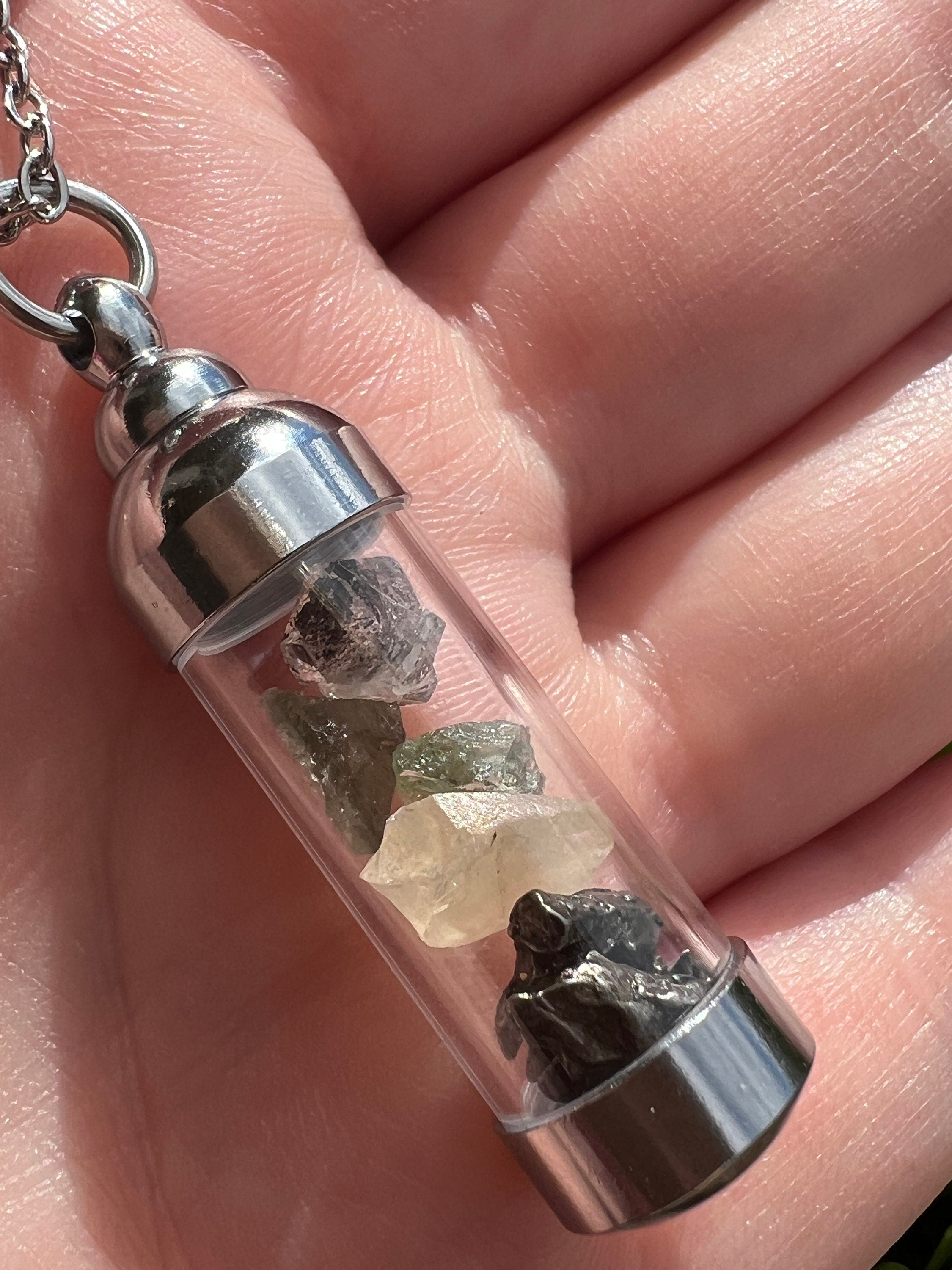 Moldavite Herkimer Diamond Meteroite Libyan Desert Glass Pendant | Iron Campo del Cielo Raw Tektite Jewelry Vial Necklace | Transformation