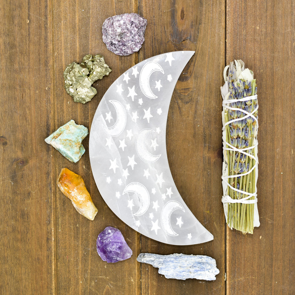 Celestial Engraved Crescent Moon Selenite Plate