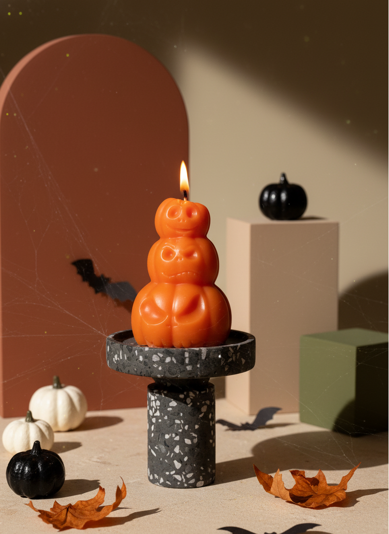 Hand-Poured Pumpkin Soy Candle – Fall Sculpture in Orange, Ivory & Gray