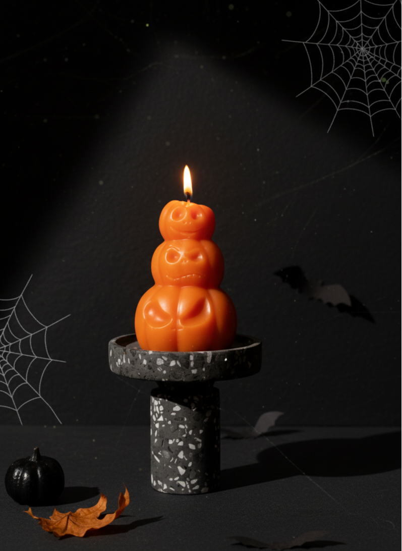 Hand-Poured Pumpkin Soy Candle – Fall Sculpture in Orange, Ivory & Gray