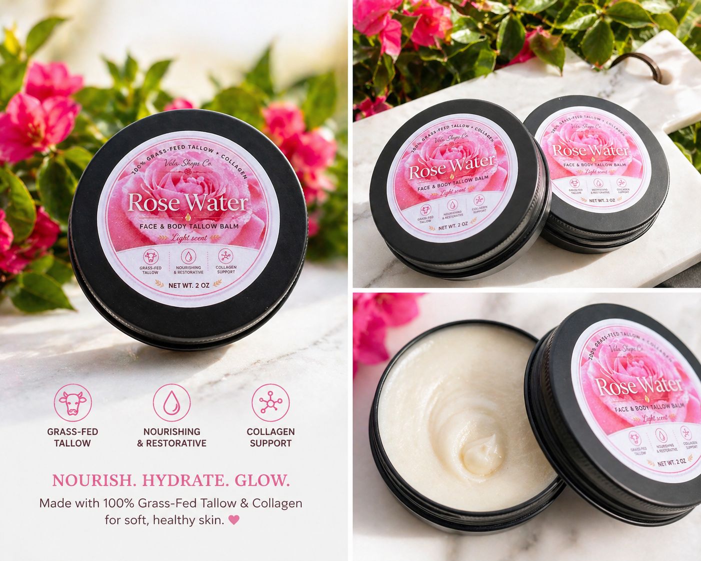 Rose Water - Tallow Balm - Face & Body Moisturizer - Collagen - Light Scent