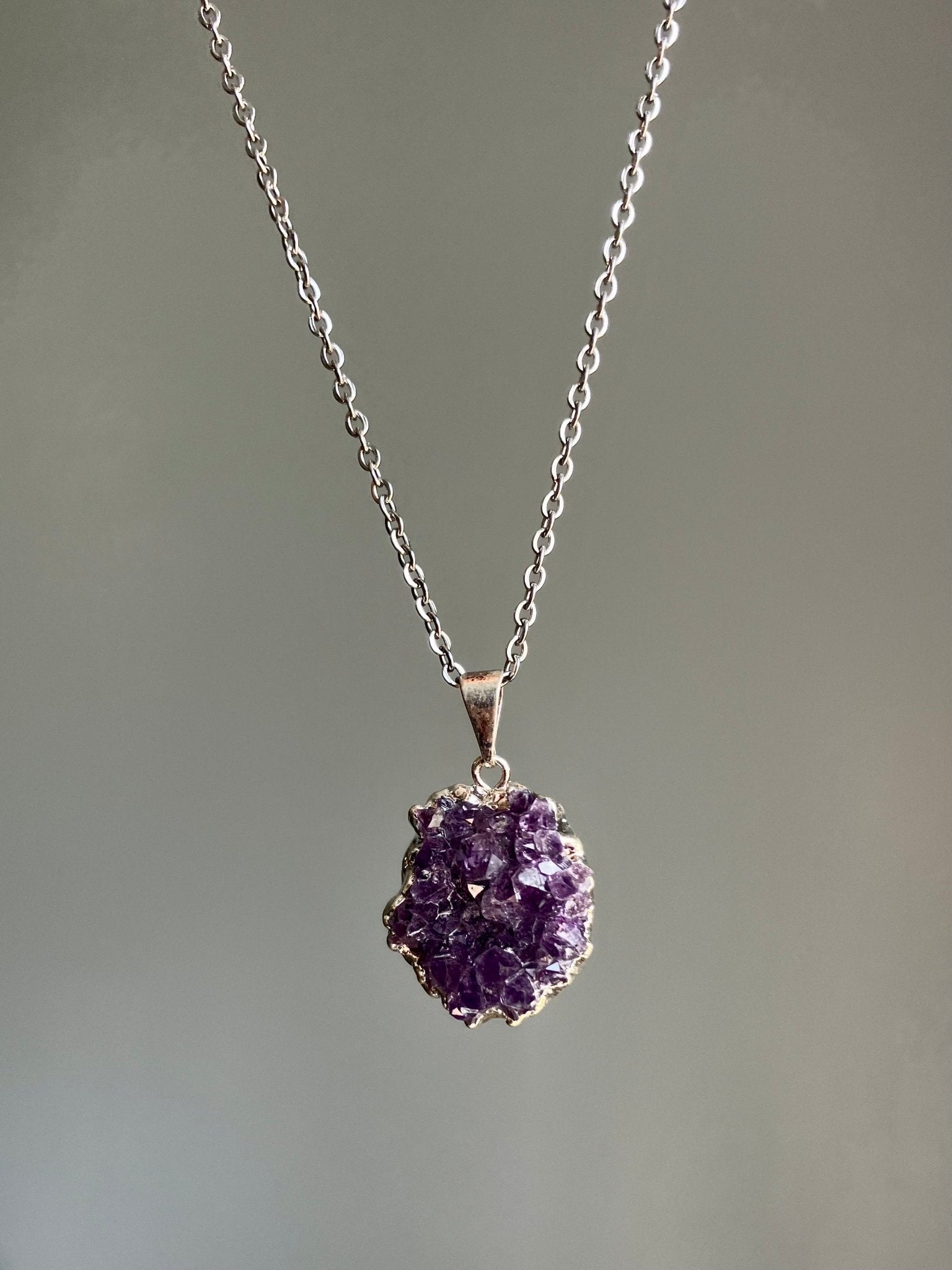 Amethyst Druzy Necklace – Gold or Silver Plated, 18” Chain