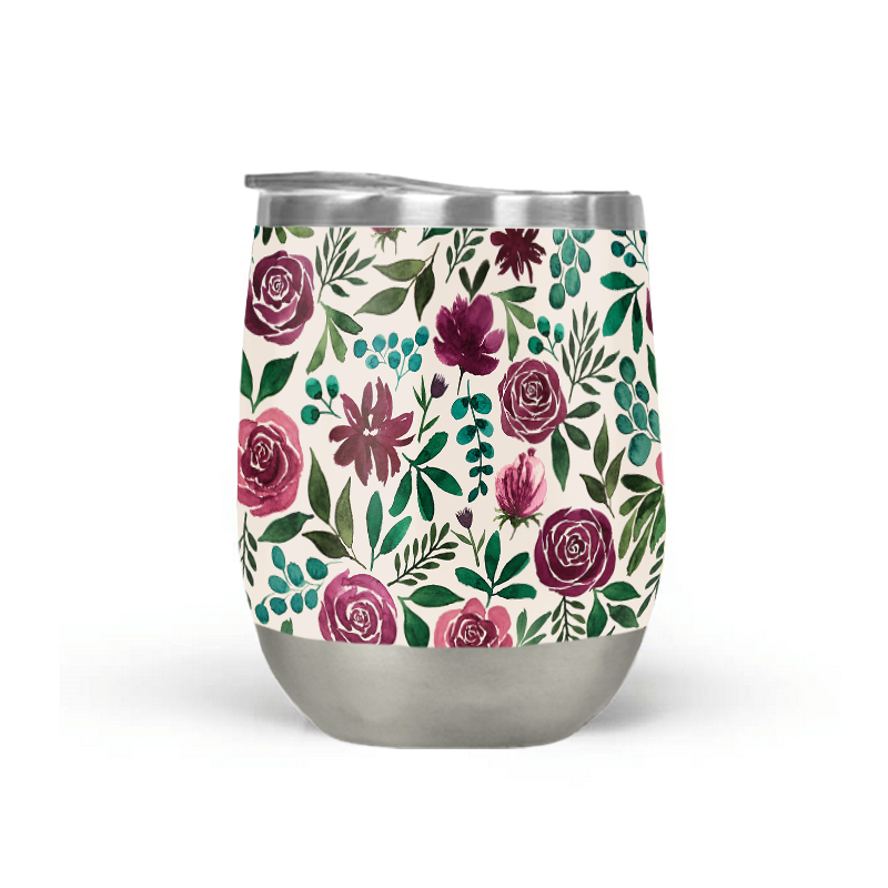 Deep Magenta Floral Eucalyptus Stemless Wine Tumbler
