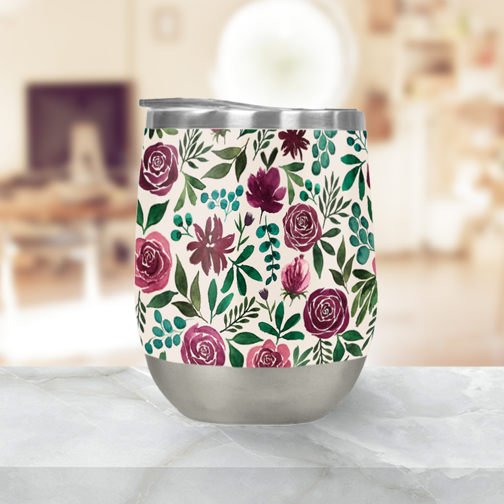 Deep Magenta Floral Eucalyptus Stemless Wine Tumbler